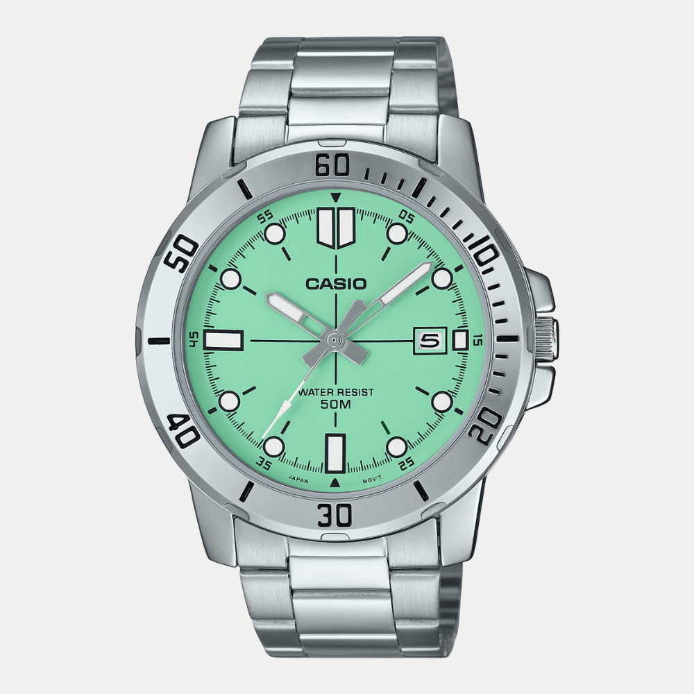 Reloj Casio Clásico MTP-VD01D-3E1VUDF Deportivo Dial Verde Esmeralda Acero Análogo Plateado Hombre1