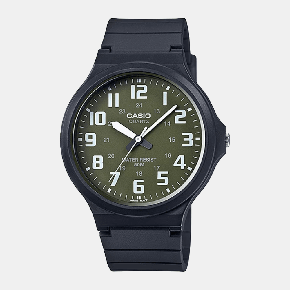 Reloj Casio Clásico MW-240-3BVDF Análogo Minimalista Negro/Dial Verde Unisex1
