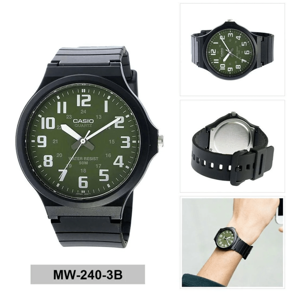 Reloj Casio Clásico MW-240-3BVDF Análogo Minimalista Negro/Dial Verde Unisex5