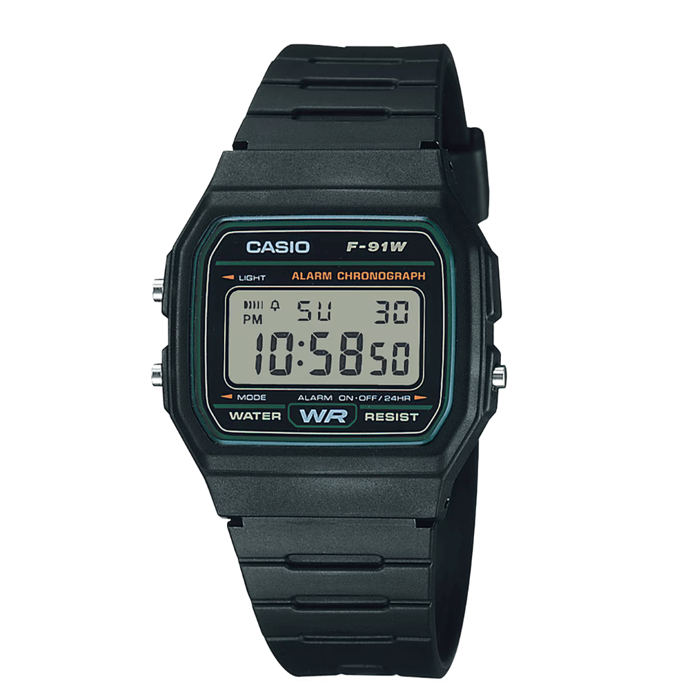 Reloj Casio Vintage F-91W-3DG Líneas Verdes Digital Clásico Negro Unisex6