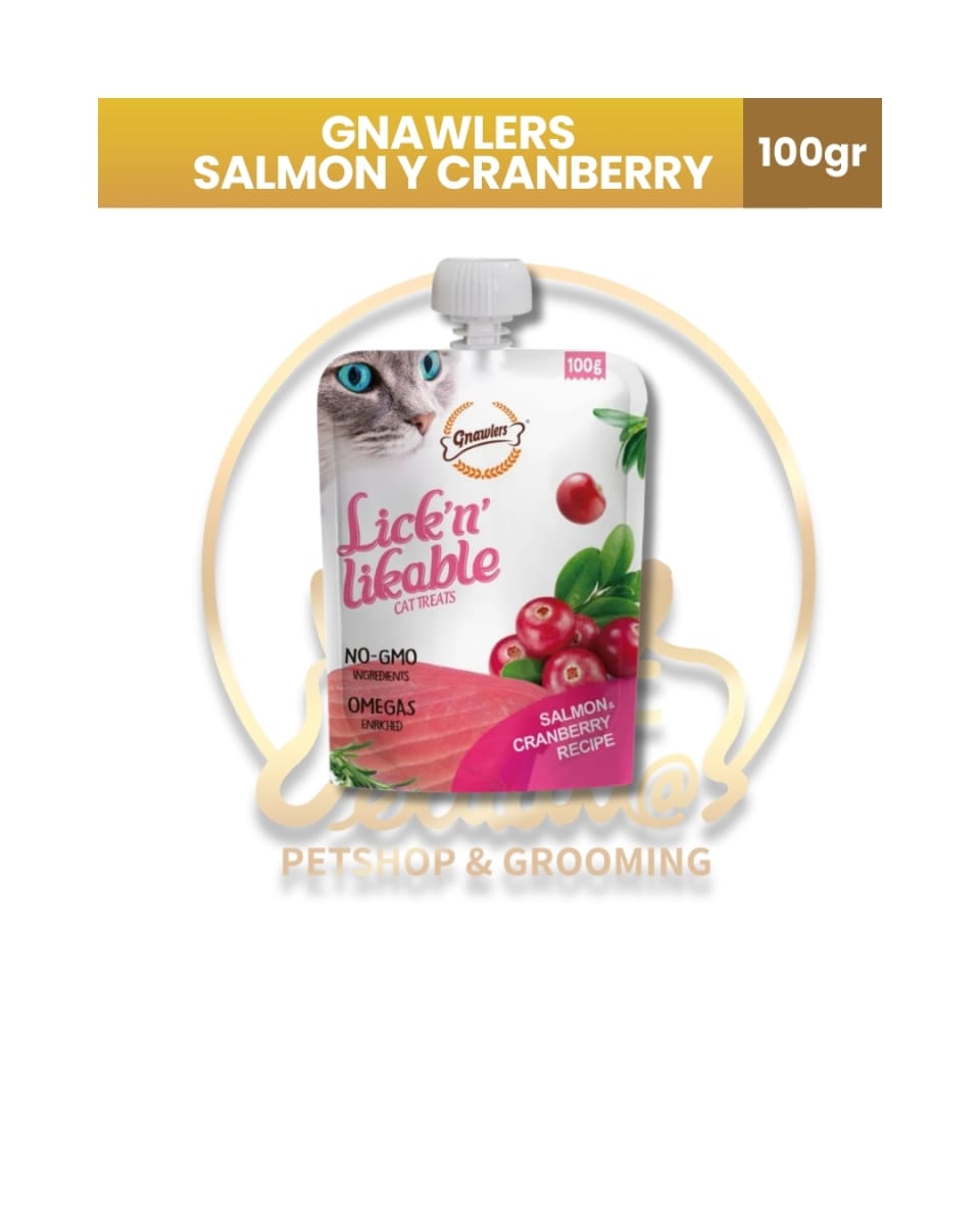 Gnawlers Snack para Gato Lick’ N’ Likable Salmón y Arándanos Rojos 100Gr1