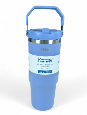 BOTELLA INSULADA CON MANGO KEEP CELESTE 28 OZ (850 ml.) - Mantiene Frío y Calor