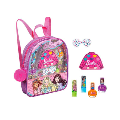 MOCHILA BARBIE + 2 balsamos labiales + 2 esmaltes de uñas + sombra de ojos + stickers