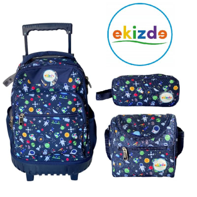MOCHILA ESCOLAR ESPACIAL EKIZDE REFORZADA: PACK 3 PIEZAS CON LONCHERA Y ESTUCHE