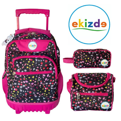 MOCHILA ESCOLAR FLORES EKIZDE REFORZADA: PACK 3 PIEZAS CON LONCHERA Y ESTUCHE
