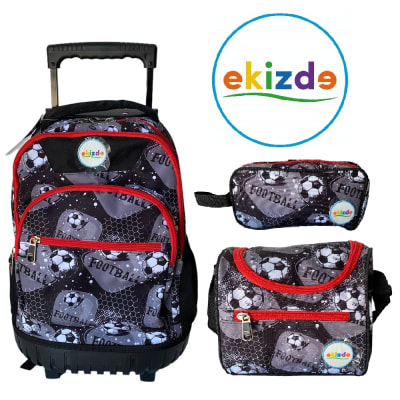 MOCHILA ESCOLAR FUTBOL EKIZDE REFORZADA: PACK 3 PIEZAS CON LONCHERA Y ESTUCHE
