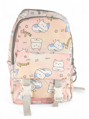 MOCHILA GATITO ROSADA CON DISEÑO KAWAII: PORTA LAPTOP, 2 PORTA BOTELLAS Y ASAS ACOLCHADAS.