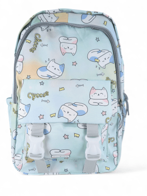 MOCHILA GATITO VERDE CON DISEÑO KAWAII: PORTA LAPTOP, 2 PORTA BOTELLAS Y ASAS ACOLCHADAS.