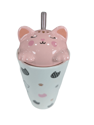 MUG CERAMICO BLANCO C/ TAPA GATITO Y BOMBILLA DE VIDRIO