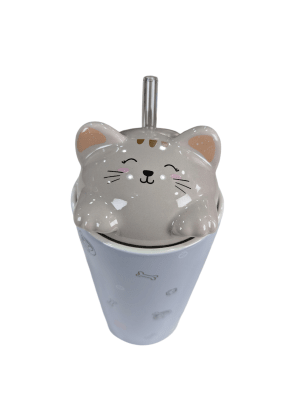 MUG CERAMICO LILA C/ TAPA GATITO Y BOMBILLA DE VIDRIO
