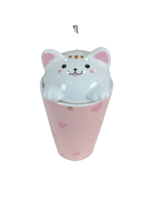 MUG CERAMICO ROSADO C/ TAPA GATITO Y BOMBILLA DE VIDRIO