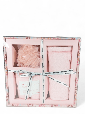 SET DE REGALO 2 TOALLAS + ESPONJA EN CAJA ROSA