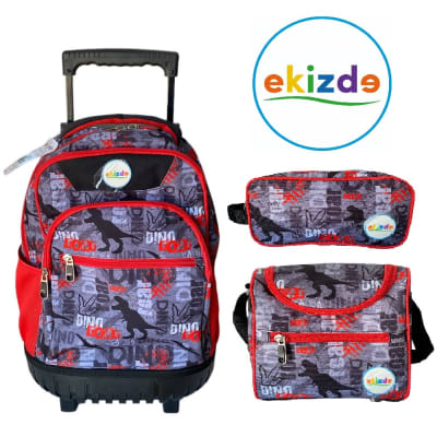 MOCHILA ESCOLAR DINOSAURIO EKIZDE REFORZADA: PACK 3 PIEZAS CON LONCHERA Y ESTUCHE