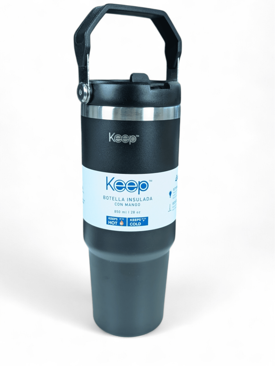 BOTELLA INSULADA CON MANGO KEEP NEGRA 28 OZ (850 ml.) - Mantiene Frío y Calor1