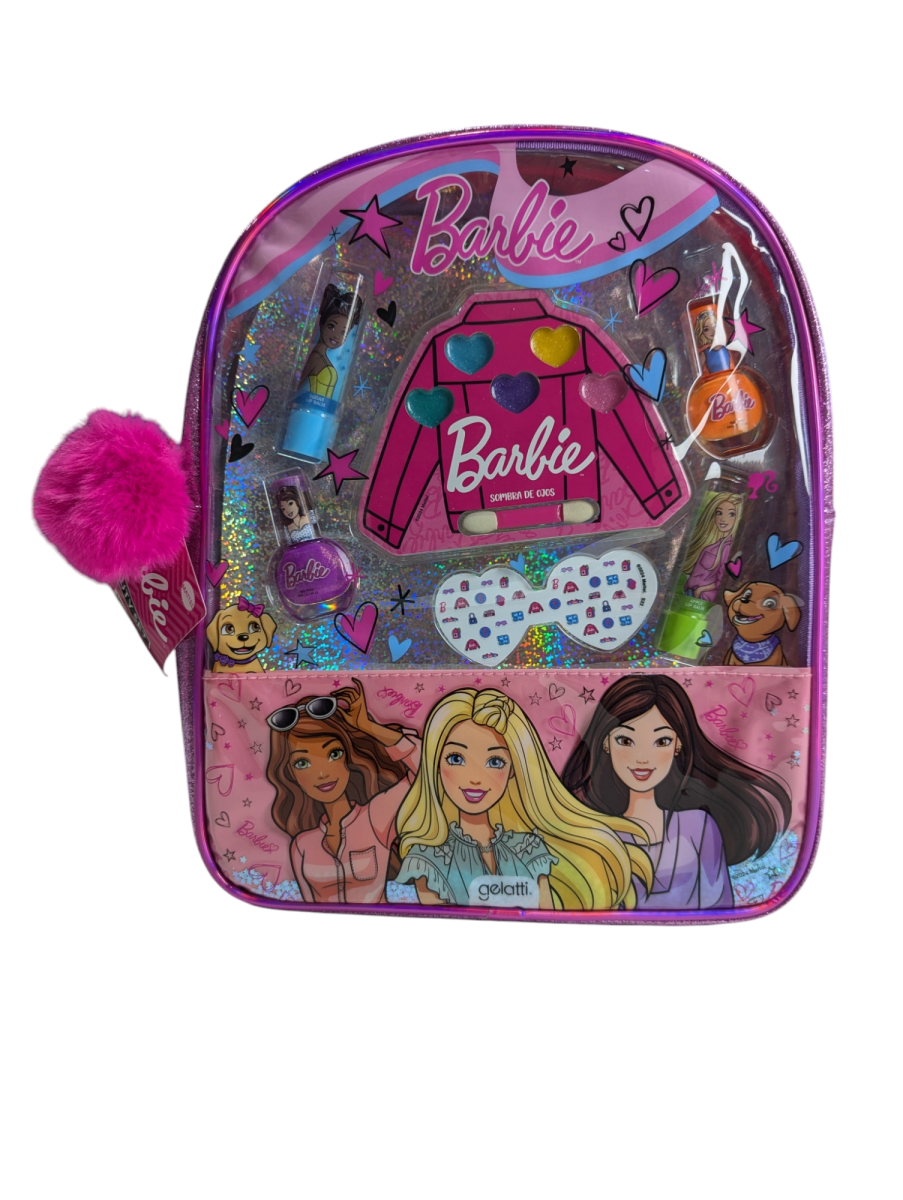 MOCHILA BARBIE + 2 balsamos labiales + 2 esmaltes de uñas + sombra de ojos + stickers3