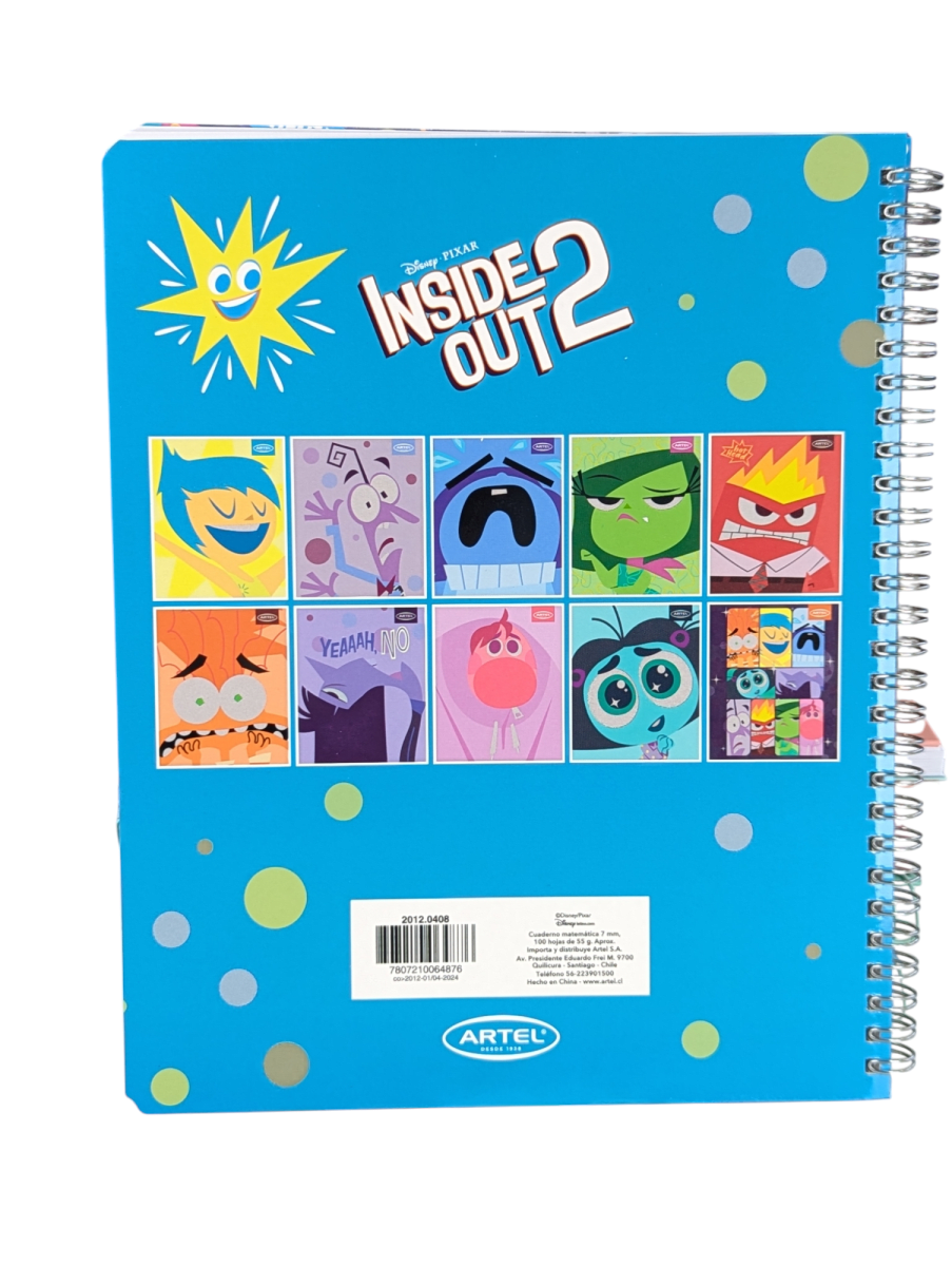 CUADERNO UNIVERSITARIO ARTEL INTENSAMENTE ALEGRIA DOBLE ESPIRAL 100 HOJAS: CUADRICULADO 7mm2