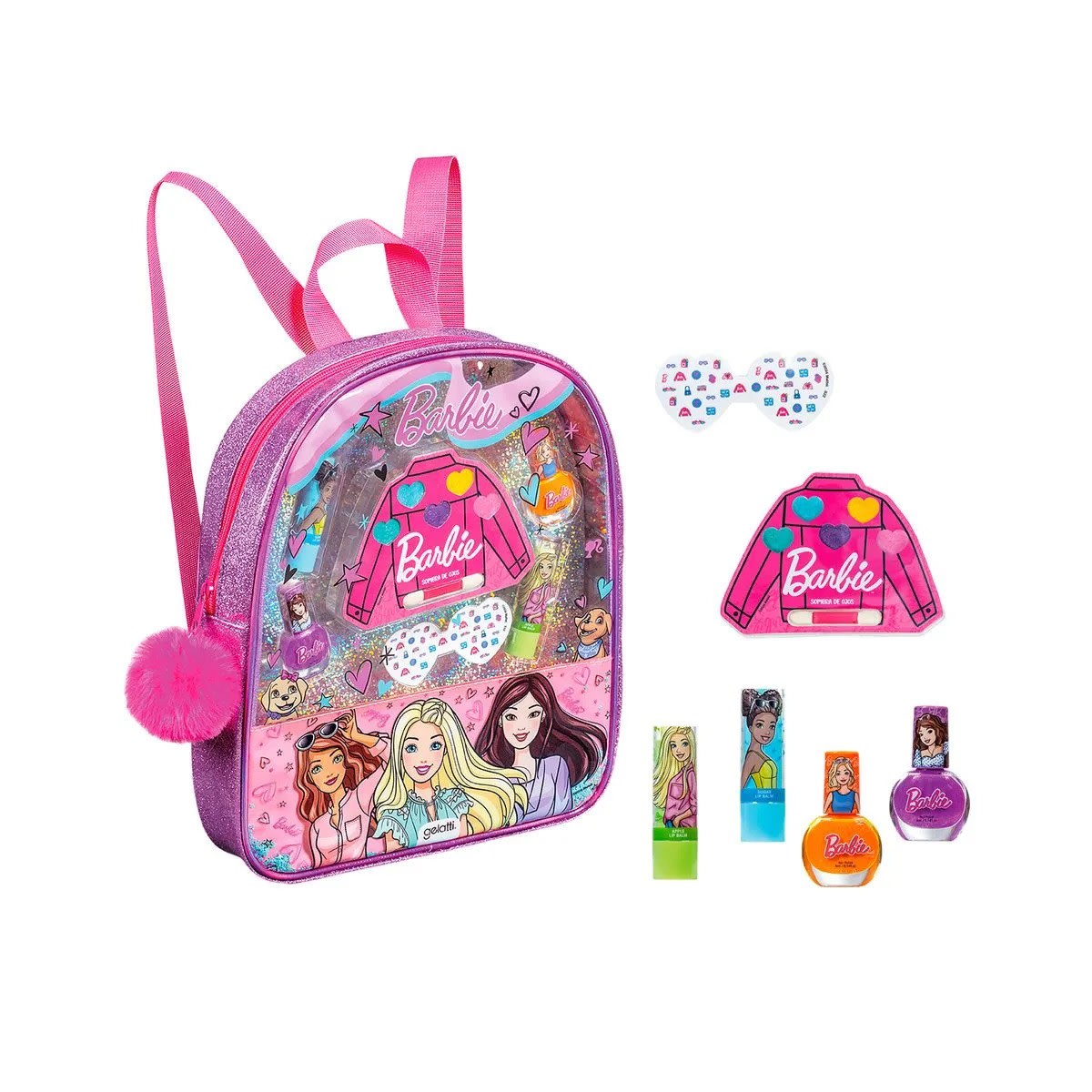 MOCHILA BARBIE + 2 balsamos labiales + 2 esmaltes de uñas + sombra de ojos + stickers1