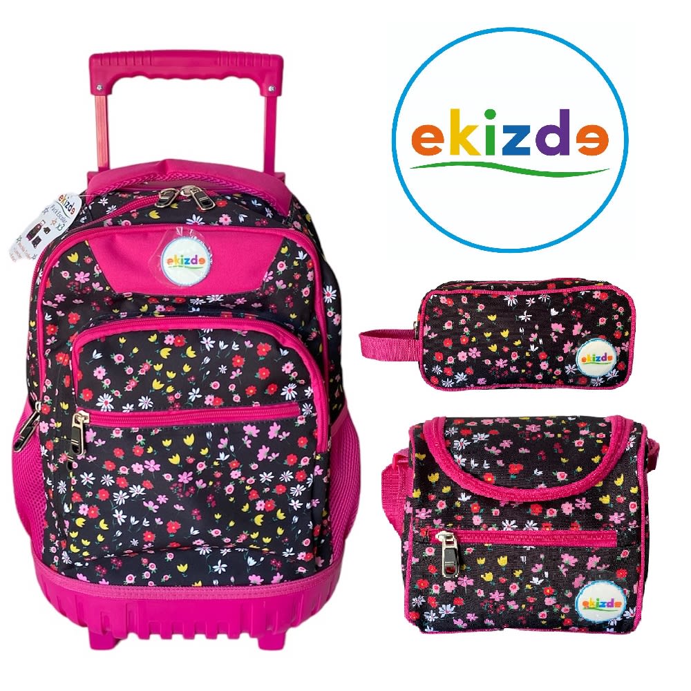 MOCHILA ESCOLAR FLORES EKIZDE REFORZADA: PACK 3 PIEZAS CON LONCHERA Y ESTUCHE1