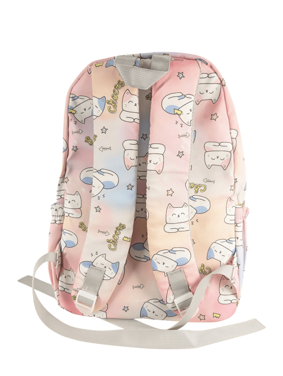 MOCHILA GATITO ROSADA CON DISEÑO KAWAII: PORTA LAPTOP, 2 PORTA BOTELLAS Y ASAS ACOLCHADAS.4