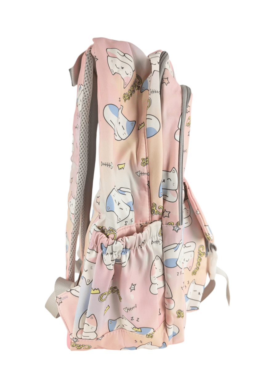 MOCHILA GATITO ROSADA CON DISEÑO KAWAII: PORTA LAPTOP, 2 PORTA BOTELLAS Y ASAS ACOLCHADAS.3