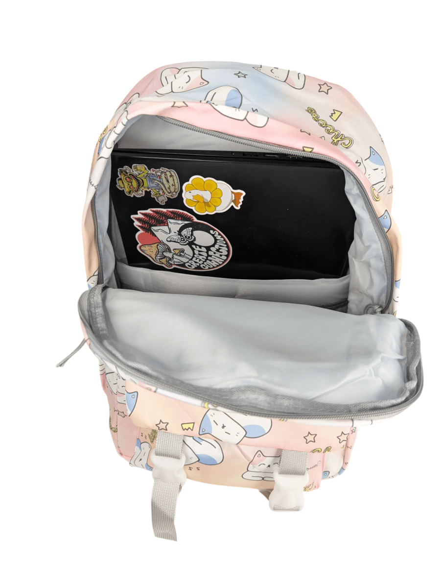 MOCHILA GATITO ROSADA CON DISEÑO KAWAII: PORTA LAPTOP, 2 PORTA BOTELLAS Y ASAS ACOLCHADAS.6