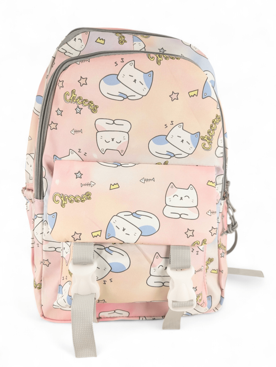 MOCHILA GATITO ROSADA CON DISEÑO KAWAII: PORTA LAPTOP, 2 PORTA BOTELLAS Y ASAS ACOLCHADAS.1