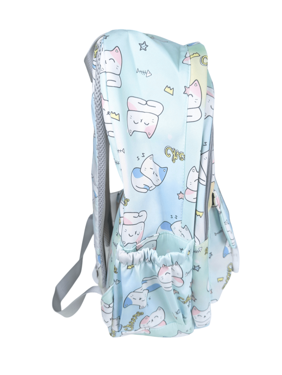 MOCHILA GATITO VERDE CON DISEÑO KAWAII: PORTA LAPTOP, 2 PORTA BOTELLAS Y ASAS ACOLCHADAS.3