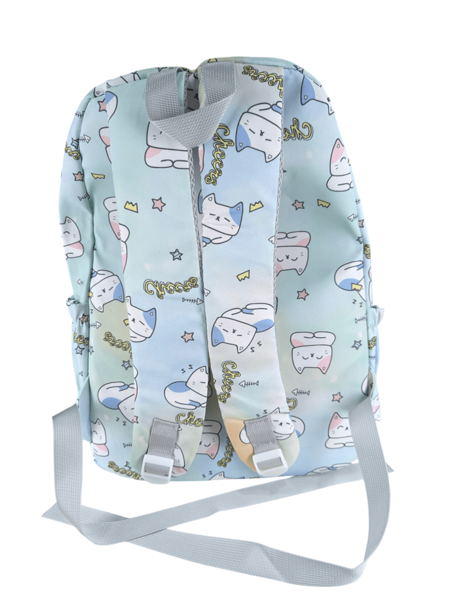 MOCHILA GATITO VERDE CON DISEÑO KAWAII: PORTA LAPTOP, 2 PORTA BOTELLAS Y ASAS ACOLCHADAS.4