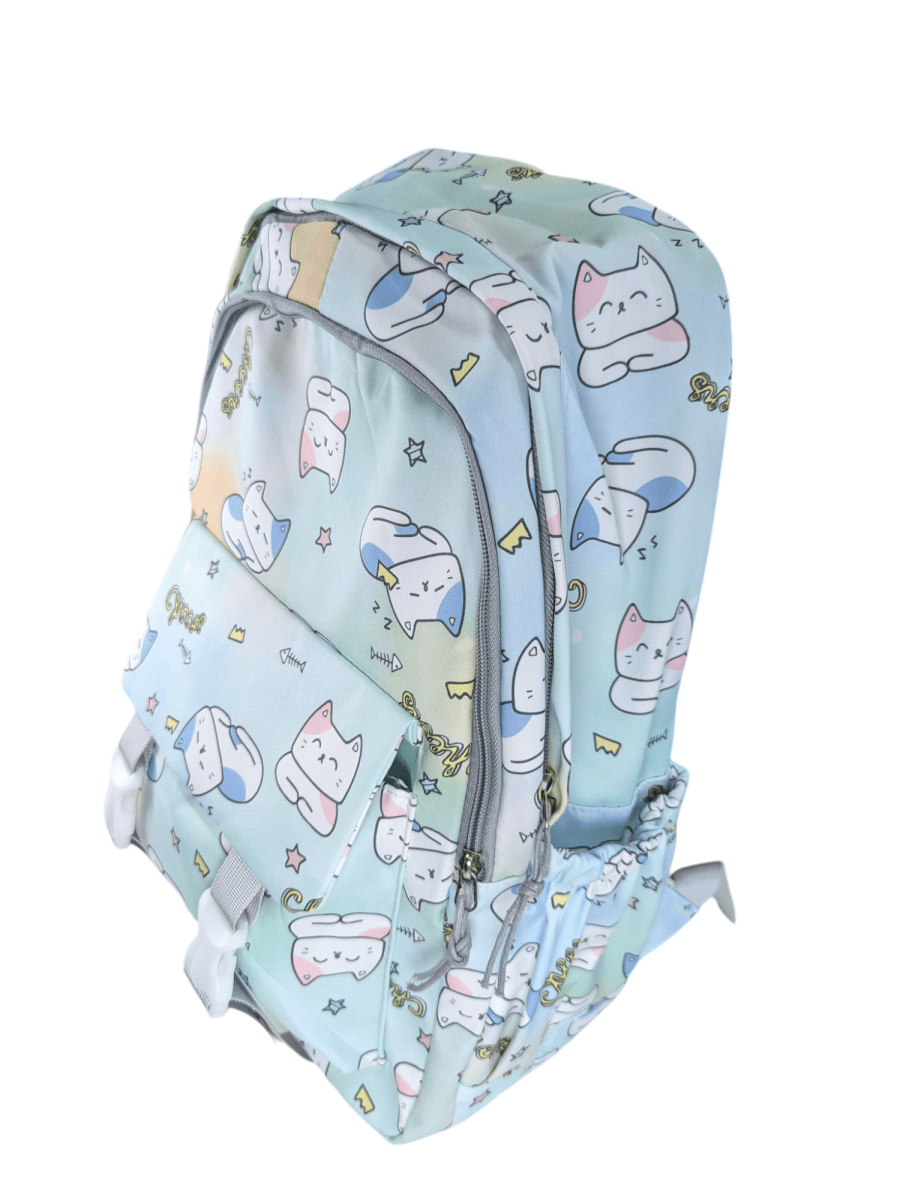 MOCHILA GATITO VERDE CON DISEÑO KAWAII: PORTA LAPTOP, 2 PORTA BOTELLAS Y ASAS ACOLCHADAS.6