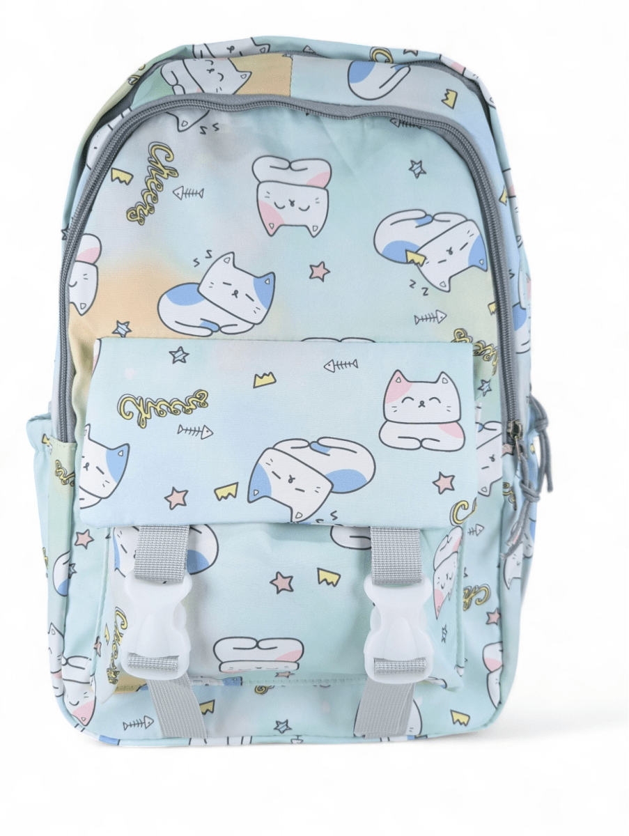 MOCHILA GATITO VERDE CON DISEÑO KAWAII: PORTA LAPTOP, 2 PORTA BOTELLAS Y ASAS ACOLCHADAS.1