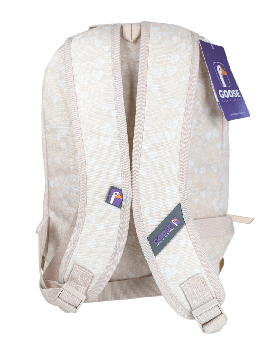 MOCHILA GOOSE MALAWI CORAZONES BEIGE: DISEÑO ROMANTICO, PORTA LAPTOP, 2 COMPARTIMIENTOS5