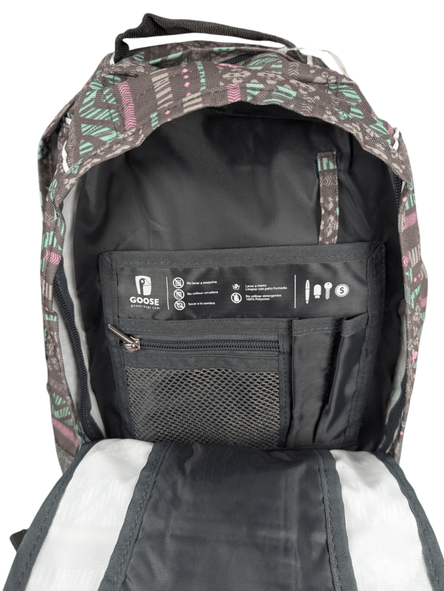 MOCHILA GOOSE MALAWI ÉTNICO GRIS MENTA ROSA: 2 COMPARTIMIENTOS4