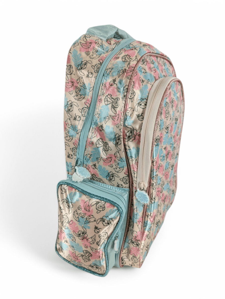 MOCHILA STITCH SATIN JUVENIL CON PORTA BOTELLA: AMPLIO BOLSILLO FRONTAL2