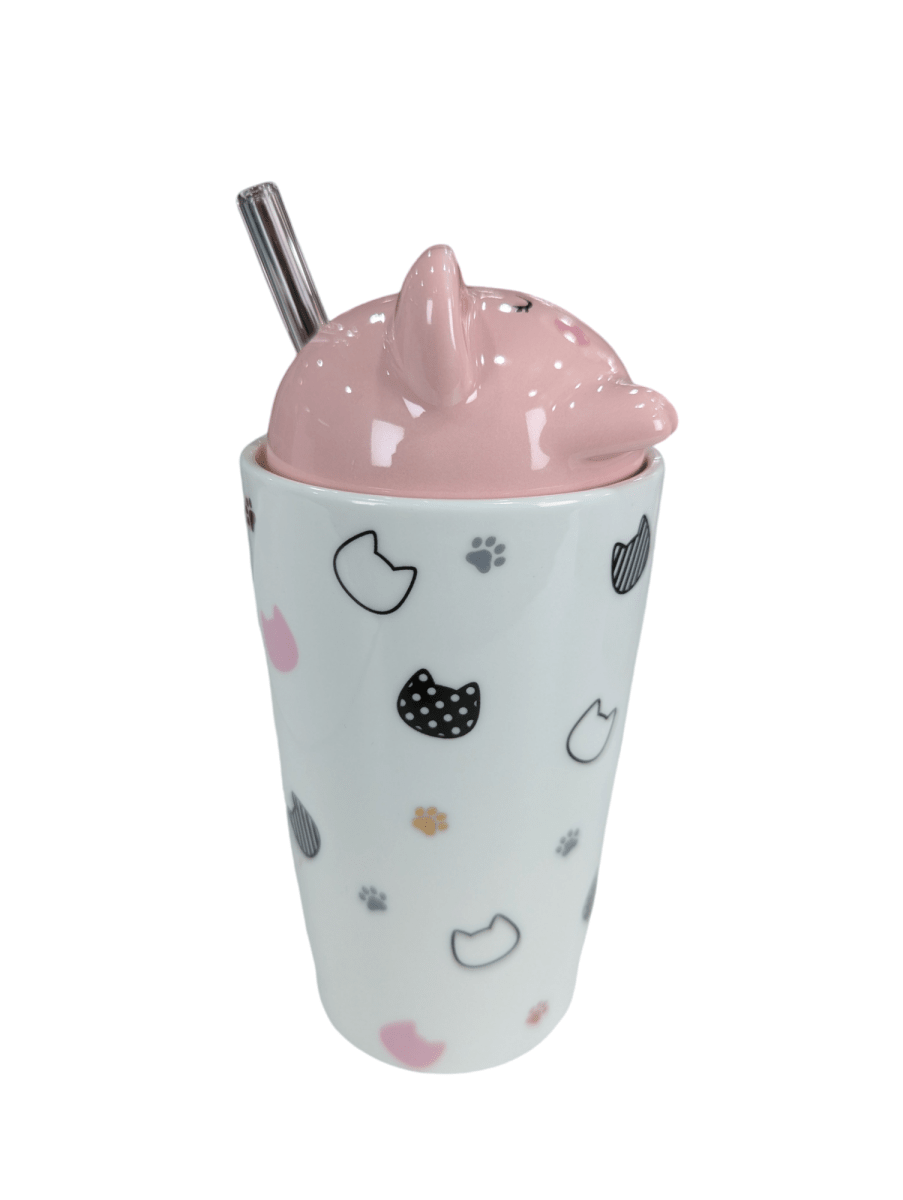 MUG CERAMICO BLANCO C/ TAPA GATITO Y BOMBILLA DE VIDRIO4