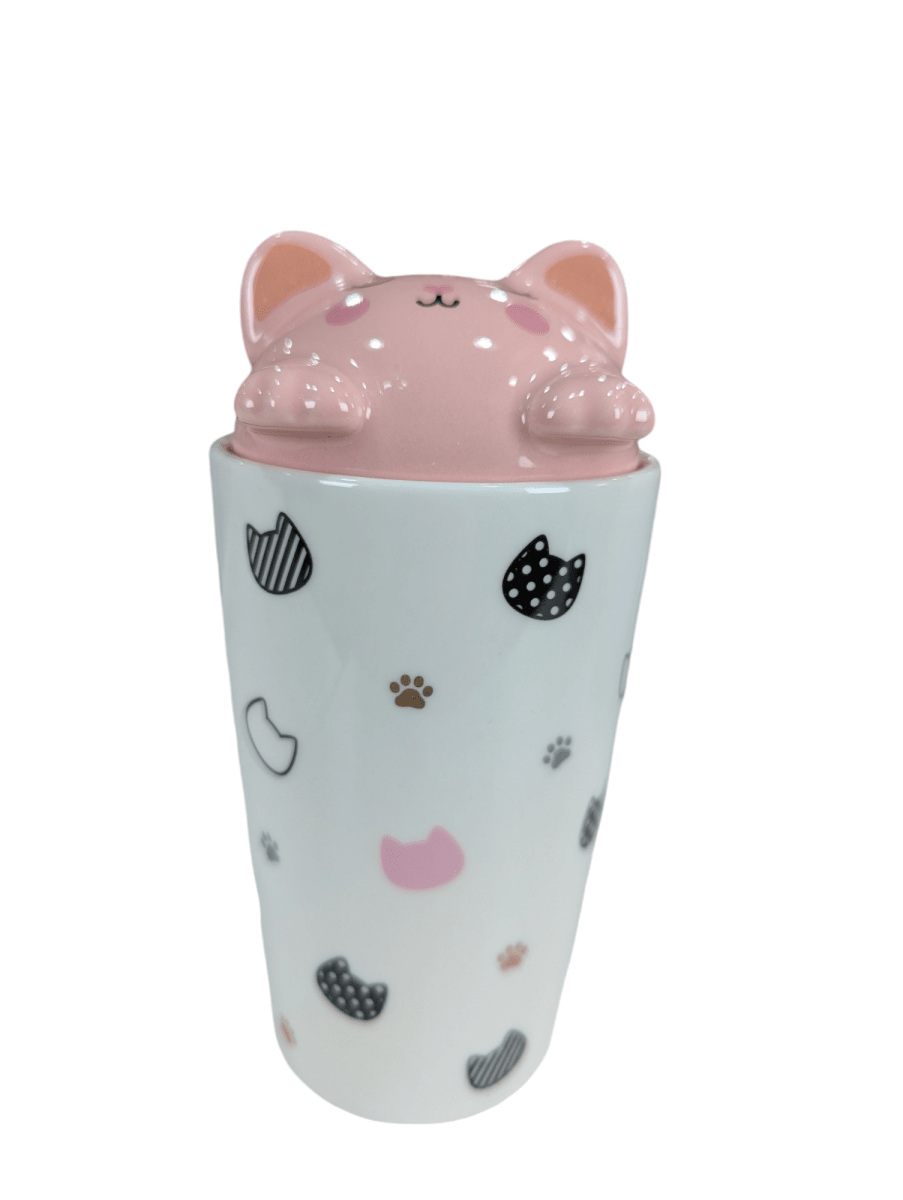 MUG CERAMICO BLANCO C/ TAPA GATITO Y BOMBILLA DE VIDRIO2
