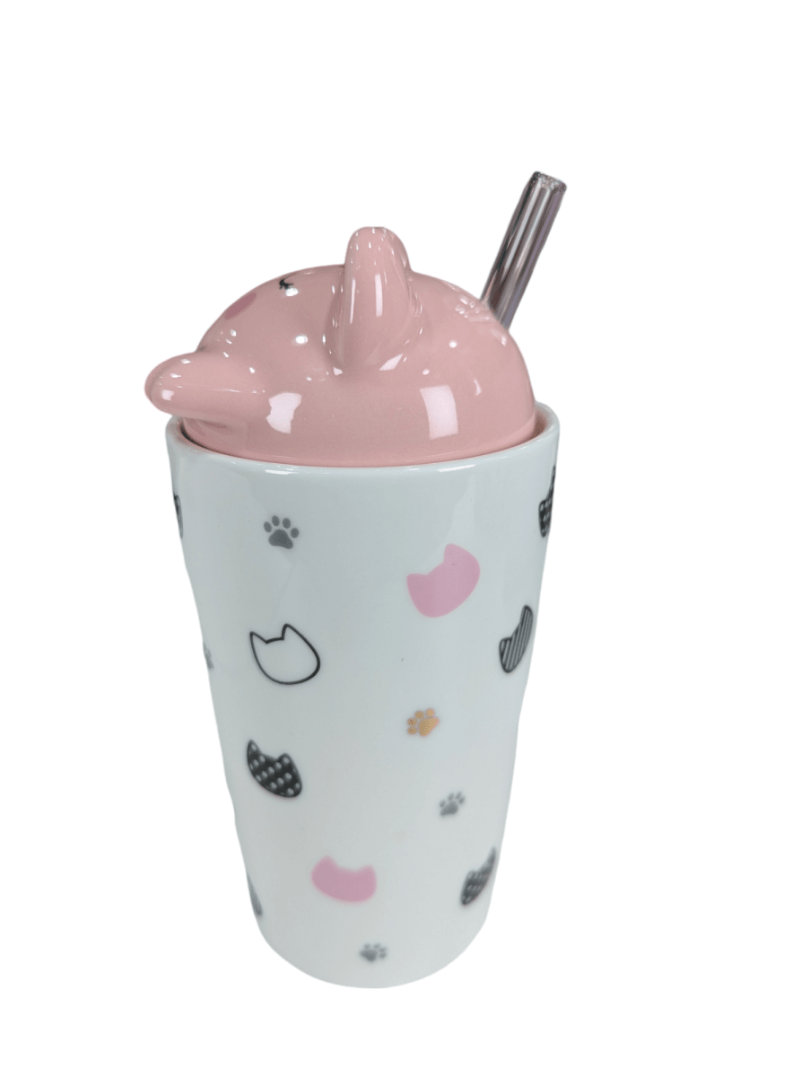 MUG CERAMICO BLANCO C/ TAPA GATITO Y BOMBILLA DE VIDRIO3