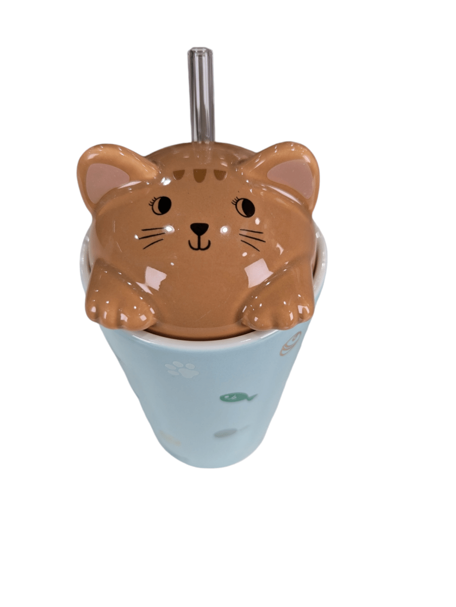 MUG CERAMICO CELESTE C/ TAPA GATITO Y BOMBILLA DE VIDRIO1