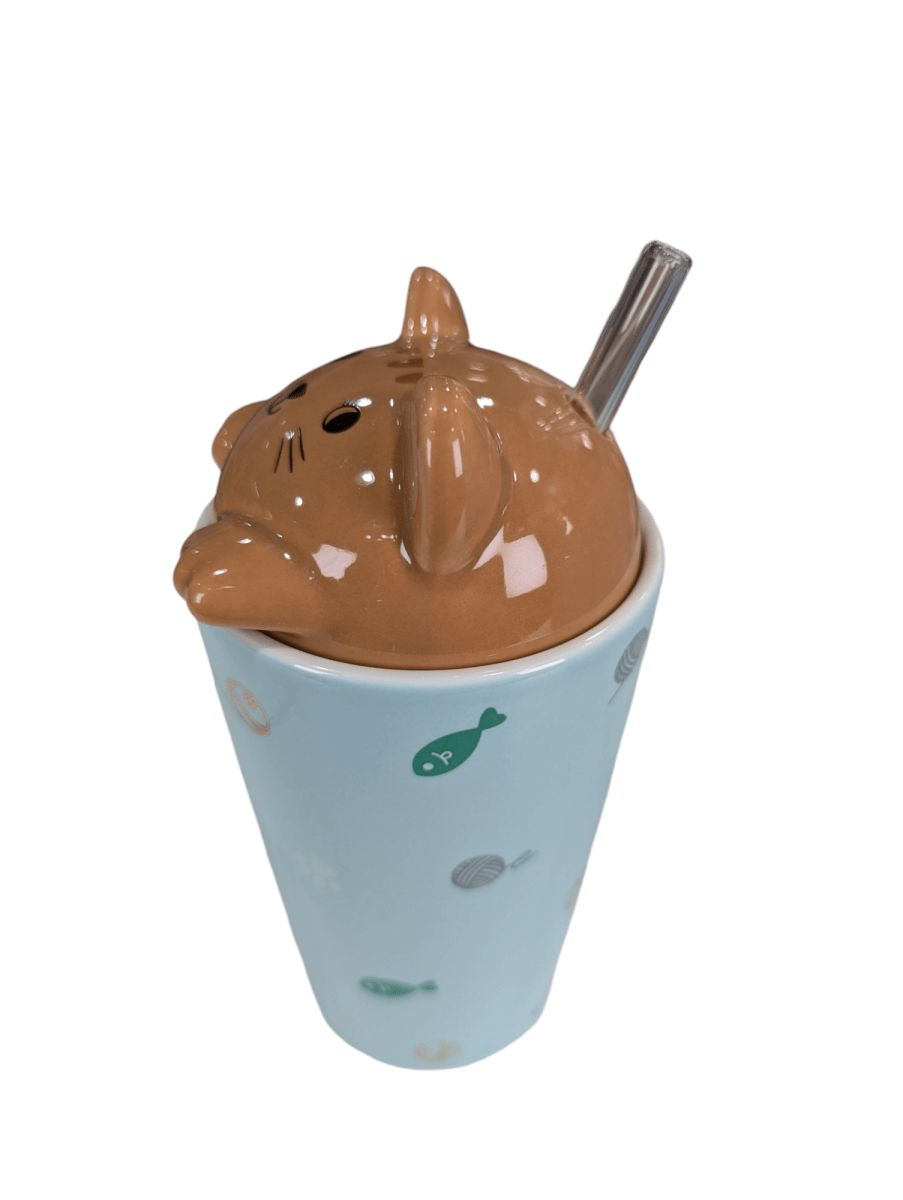 MUG CERAMICO CELESTE C/ TAPA GATITO Y BOMBILLA DE VIDRIO3