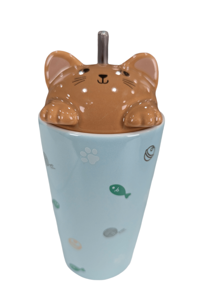 MUG CERAMICO CELESTE C/ TAPA GATITO Y BOMBILLA DE VIDRIO4