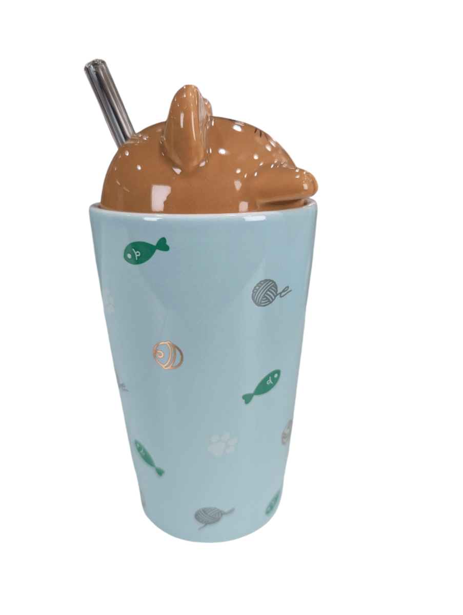 MUG CERAMICO CELESTE C/ TAPA GATITO Y BOMBILLA DE VIDRIO2