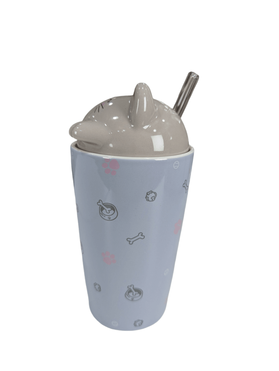 MUG CERAMICO LILA C/ TAPA GATITO Y BOMBILLA DE VIDRIO4