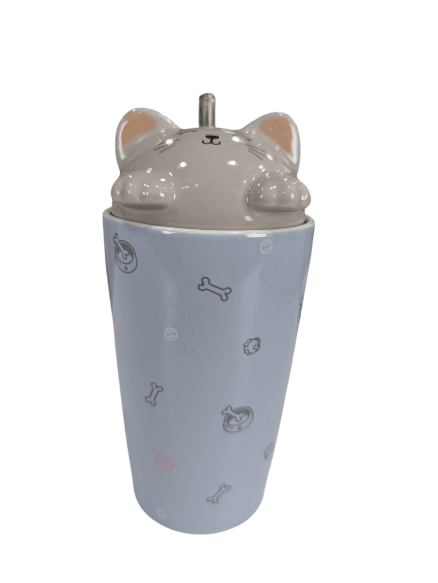 MUG CERAMICO LILA C/ TAPA GATITO Y BOMBILLA DE VIDRIO5