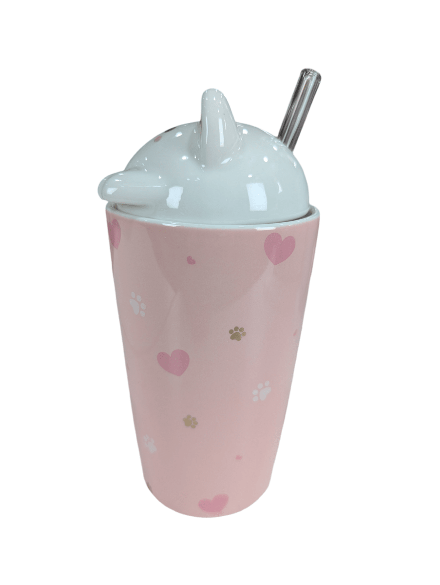 MUG CERAMICO ROSADO C/ TAPA GATITO Y BOMBILLA DE VIDRIO2