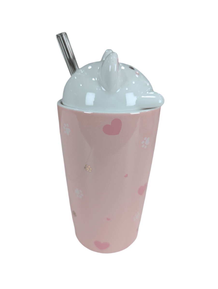 MUG CERAMICO ROSADO C/ TAPA GATITO Y BOMBILLA DE VIDRIO3