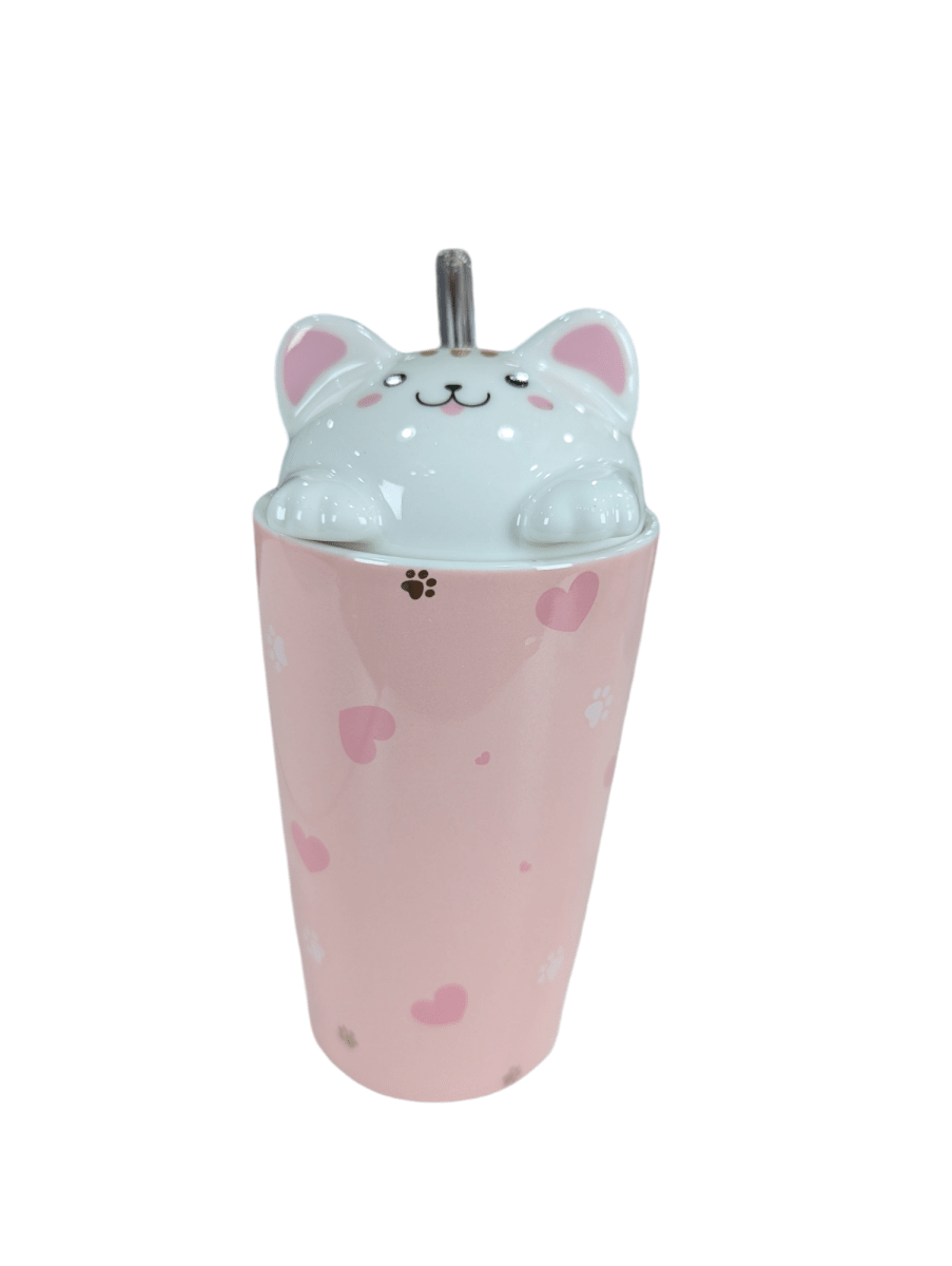MUG CERAMICO ROSADO C/ TAPA GATITO Y BOMBILLA DE VIDRIO4