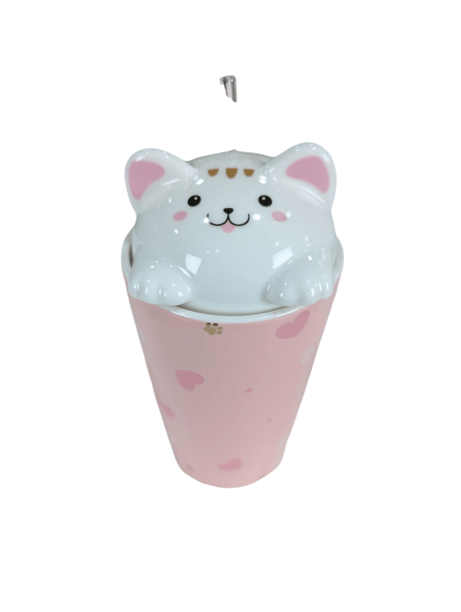 MUG CERAMICO ROSADO C/ TAPA GATITO Y BOMBILLA DE VIDRIO1
