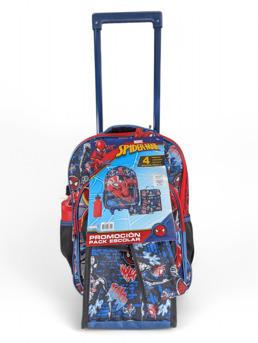 PACK ESCOLAR SPIDERMAN 4 PIEZAS CON RUEDAS: MOCHILA, LONCHERA, ESTUCHE Y BOTELLA MARVEL 20251