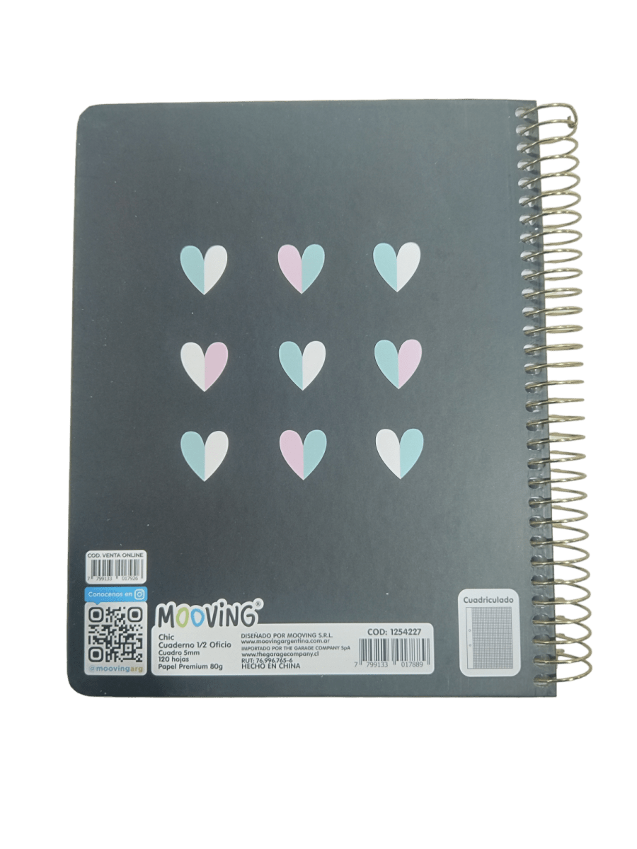 CUADERNO MEDIA OFICIO CHIC 3 MATERIAS NEGRO CORAZONES2
