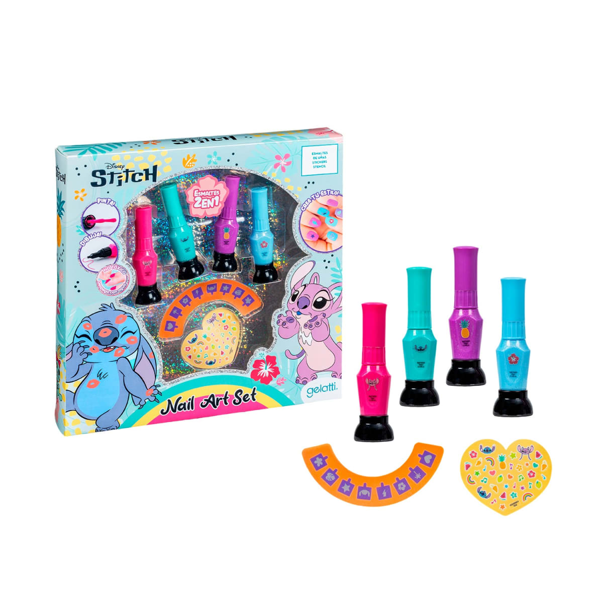 SET DE 4 ESMALTES DE UÑAS STITCH + SET DE UÑAS + STENCIL + STICKERS1