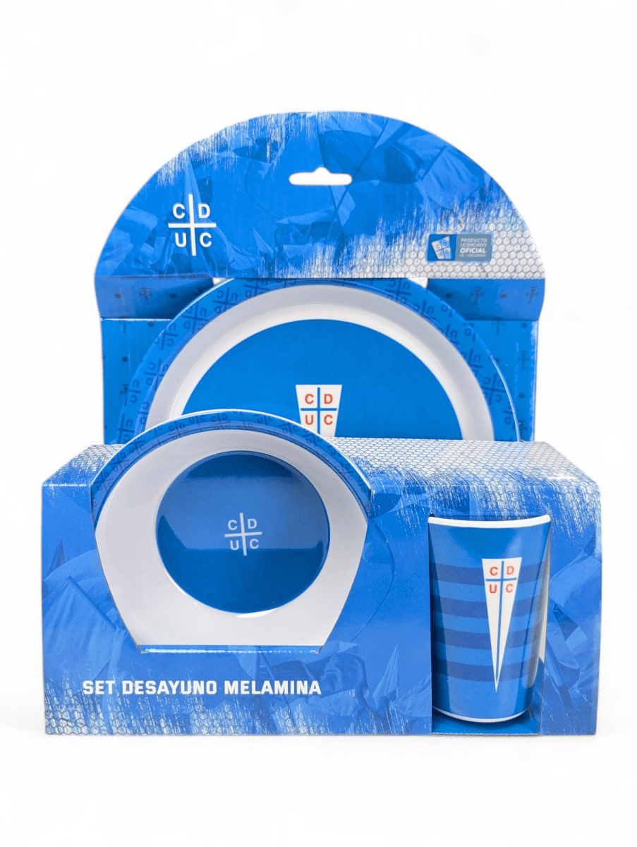 SET DE DESAYUNO UNIVERSIDAD CATÓLICA FANATIKOS - VAJILLA DE MELAMINA CON ESCUDO OFICIAL1